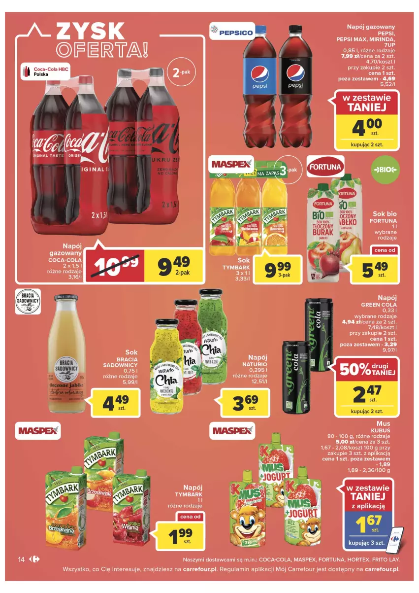 Gazetka promocyjna Carrefour - Gazetka Carrefour - ważna 15.03 do 26.03.2022 - strona 14 - produkty: Coca-Cola, Fortuna, Gin, Hortex, Kosz, Kubuś, Mirinda, Mus, Napój, Napój gazowany, Pepsi, Pepsi max, Sok, Tymbark