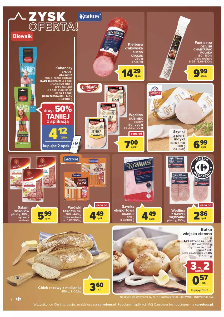 Gazetka promocyjna Carrefour - Gazetka Carrefour - ważna 15.03 do 26.03.2022 - strona 2 - produkty: Bułka, Chleb, Kabanos, Kosz, Krakus, Olewnik, Parówki, Salami, Sok, Sokołów, Szynka, Tarczyński, Wędlina