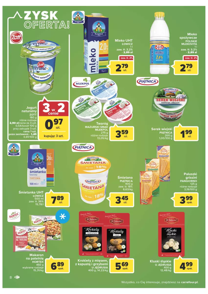 Gazetka promocyjna Carrefour - Gazetka Carrefour - ważna 15.03 do 26.03.2022 - strona 8 - produkty: Hortex, Kapustą, Kosz, Krokiety, Makaron, Mleko, Mlekovita, Piątnica, Ser, Serek, Serek wiejski, Twaróg, Zott