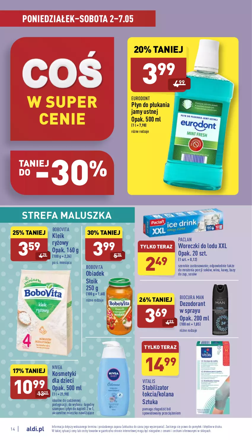 Gazetka promocyjna Aldi - Pełny katalog - ważna 02.05 do 07.05.2022 - strona 14 - produkty: Aksam, BoboVita, Dezodorant, Dzieci, Fa, Kosmetyki dla dzieci, LANA, Mleczko, Nivea, Płyn do kąpieli, Płyn do płukania, Płyn do płukania jamy ustnej, Por, Ryż, Sok, Sos, Szampon, Tera, Woreczki do lodu