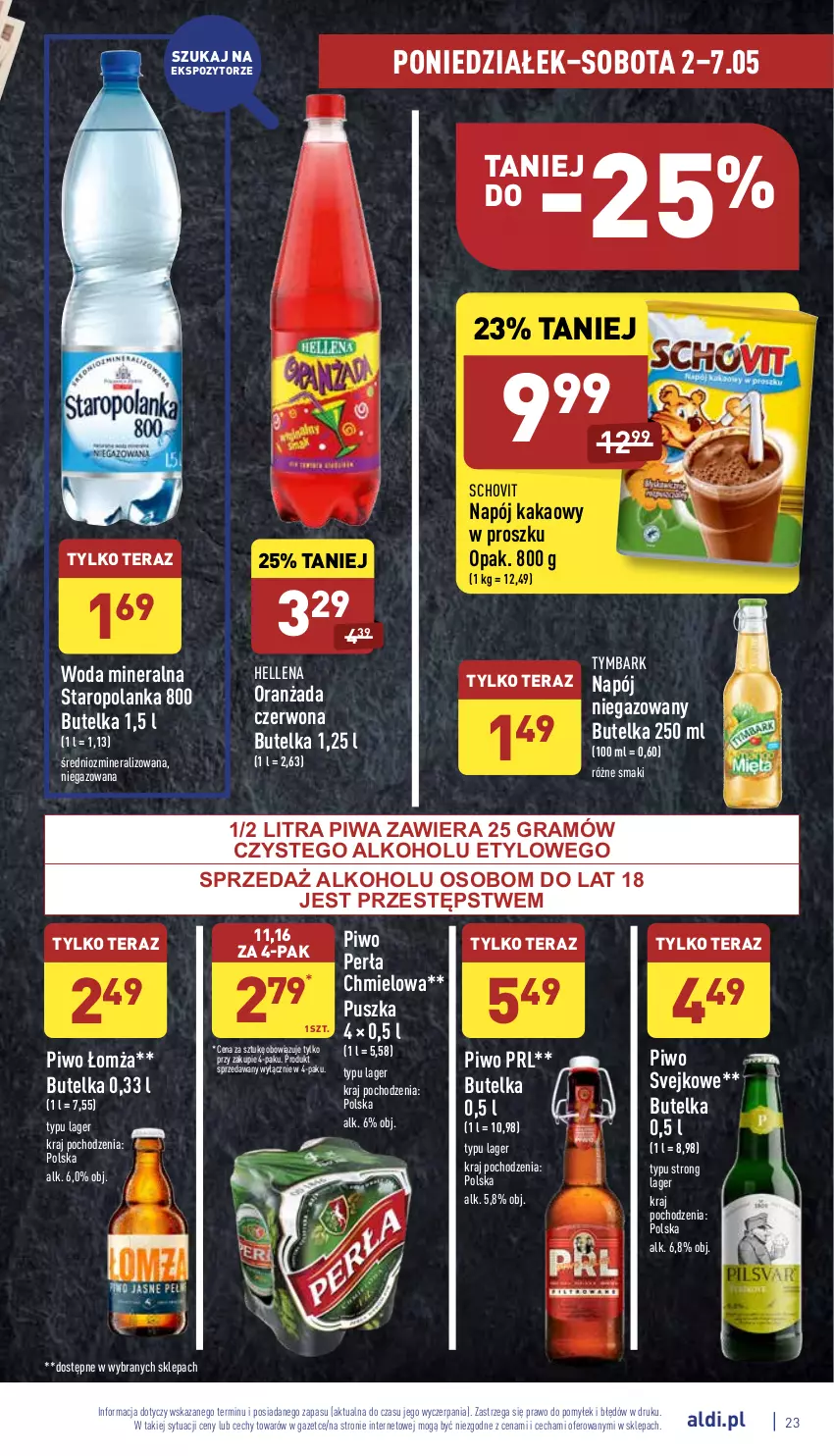 Gazetka promocyjna Aldi - Pełny katalog - ważna 02.05 do 07.05.2022 - strona 23 - produkty: Gra, Hellena, Kakao, Napój, Napój niegazowany, Oranżada, Perła, Piwa, Piwo, Staropolanka, Tera, Tymbark, Woda, Woda mineralna