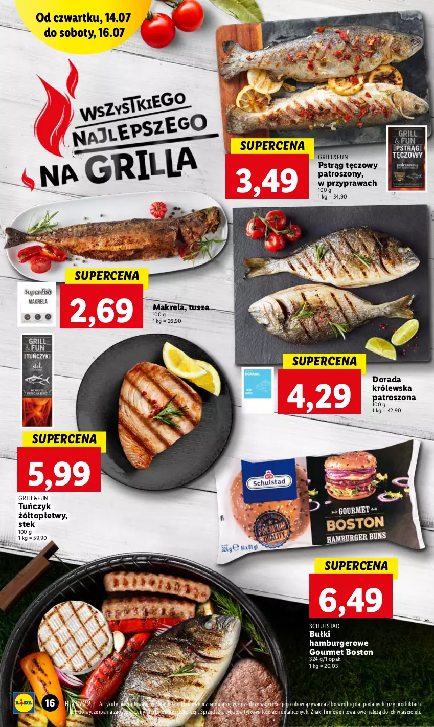 Gazetka promocyjna Lidl - GAZETKA - ważna 14.07 do 16.07.2022 - strona 16 - produkty: Burger, Grill, Hamburger, Pstrąg, Pstrąg tęczowy, Stek, Top, Tuńczyk, Tusz