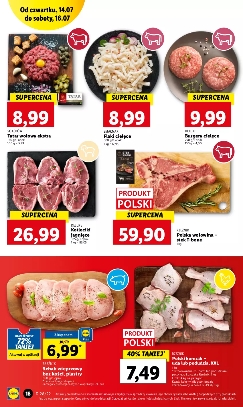 Gazetka promocyjna Lidl - GAZETKA - ważna 14.07 do 16.07.2022 - strona 18 - produkty: Burger, Flaki, Gra, Kurczak, Olej, Por, Schab wieprzowy, Sok, Sokołów, Stek, Tatar wołowy, Wołowina