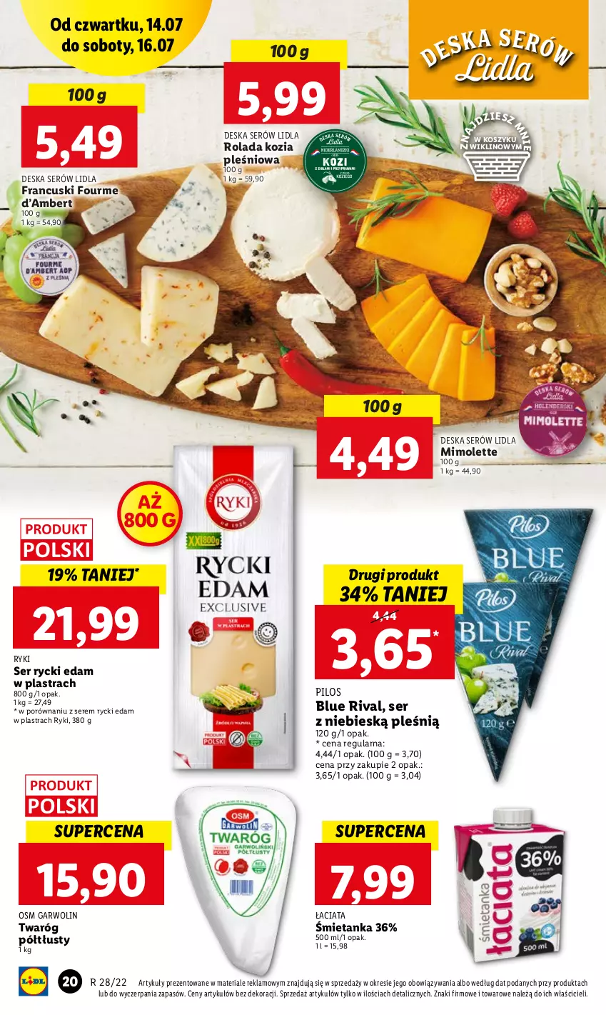 Gazetka promocyjna Lidl - GAZETKA - ważna 14.07 do 16.07.2022 - strona 20 - produkty: Deska serów, Edam, Kosz, Mimolette, Pilos, Por, Rolada, Rycki Edam, Ser, Twaróg, Twaróg półtłusty