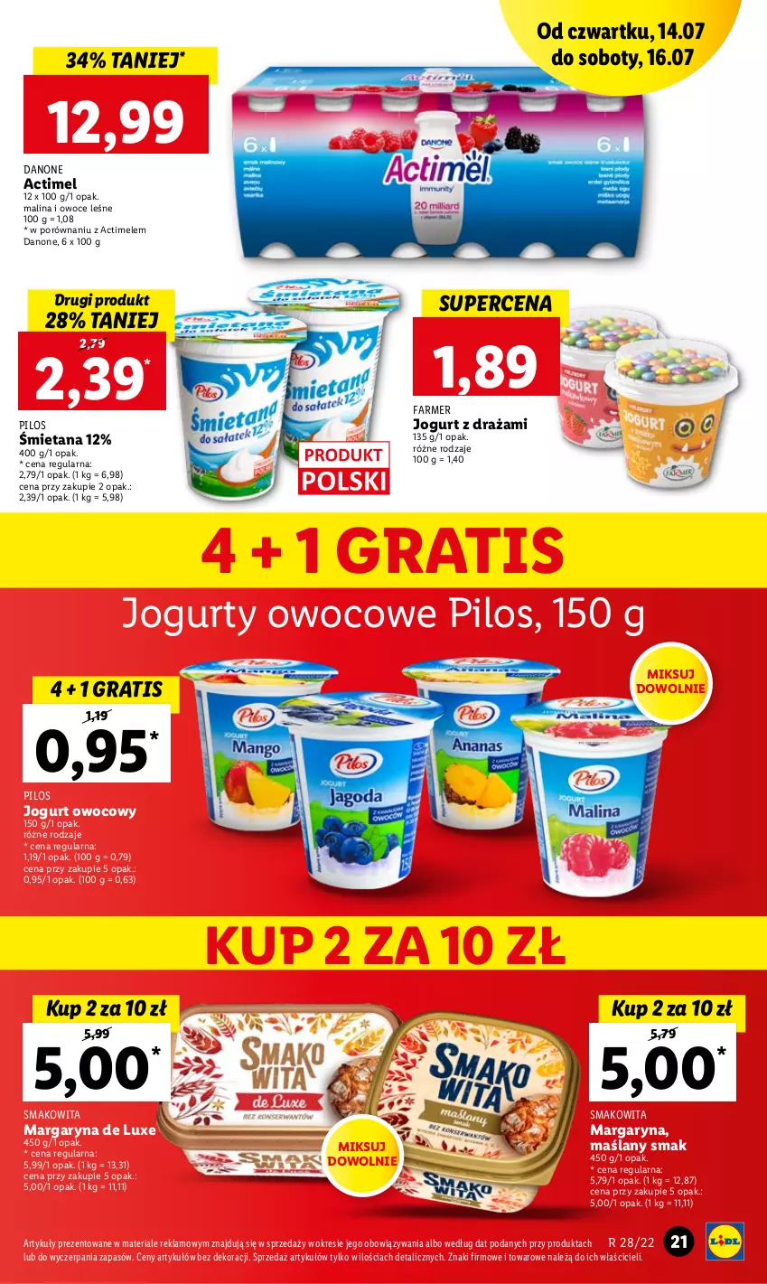 Gazetka promocyjna Lidl - GAZETKA - ważna 14.07 do 16.07.2022 - strona 21 - produkty: Actimel, Danone, Fa, Gra, Jogurt, Jogurt owocowy, Margaryna, Owoce, Pilos, Por, Smakowita