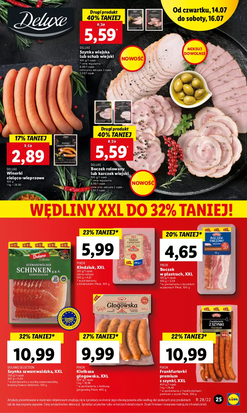 Gazetka promocyjna Lidl - GAZETKA - ważna 14.07 do 16.07.2022 - strona 25 - produkty: Boczek, Dulano, Frankfurterki, Kiełbasa, Kiełbasa głogowska, Kindziuk, PIKOK, Por, Szynka