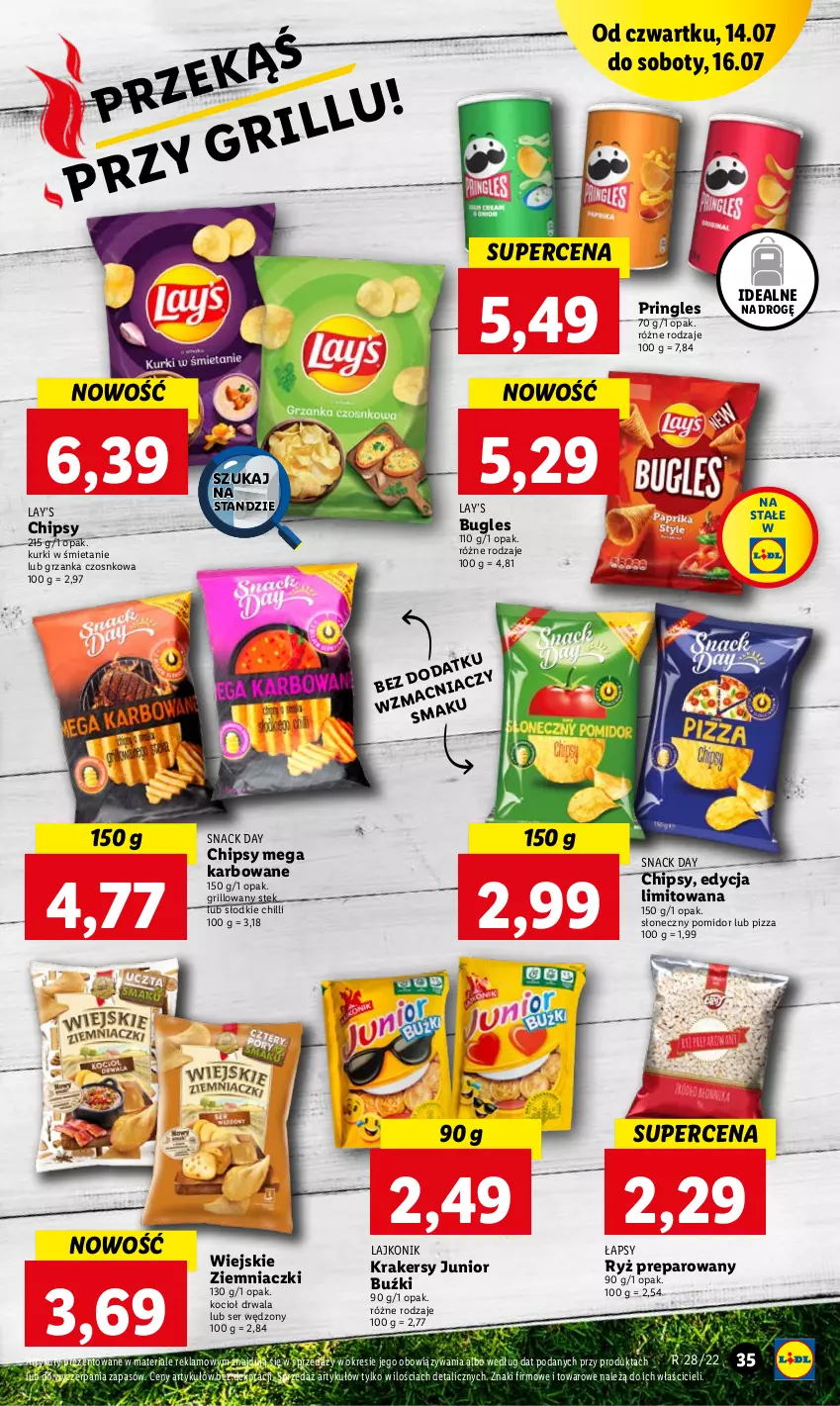 Gazetka promocyjna Lidl - GAZETKA - ważna 14.07 do 16.07.2022 - strona 35 - produkty: Chipsy, Grill, Koc, Krakersy, Lajkonik, Lay’s, Pizza, Pringles, Ryż, Ser, Stek