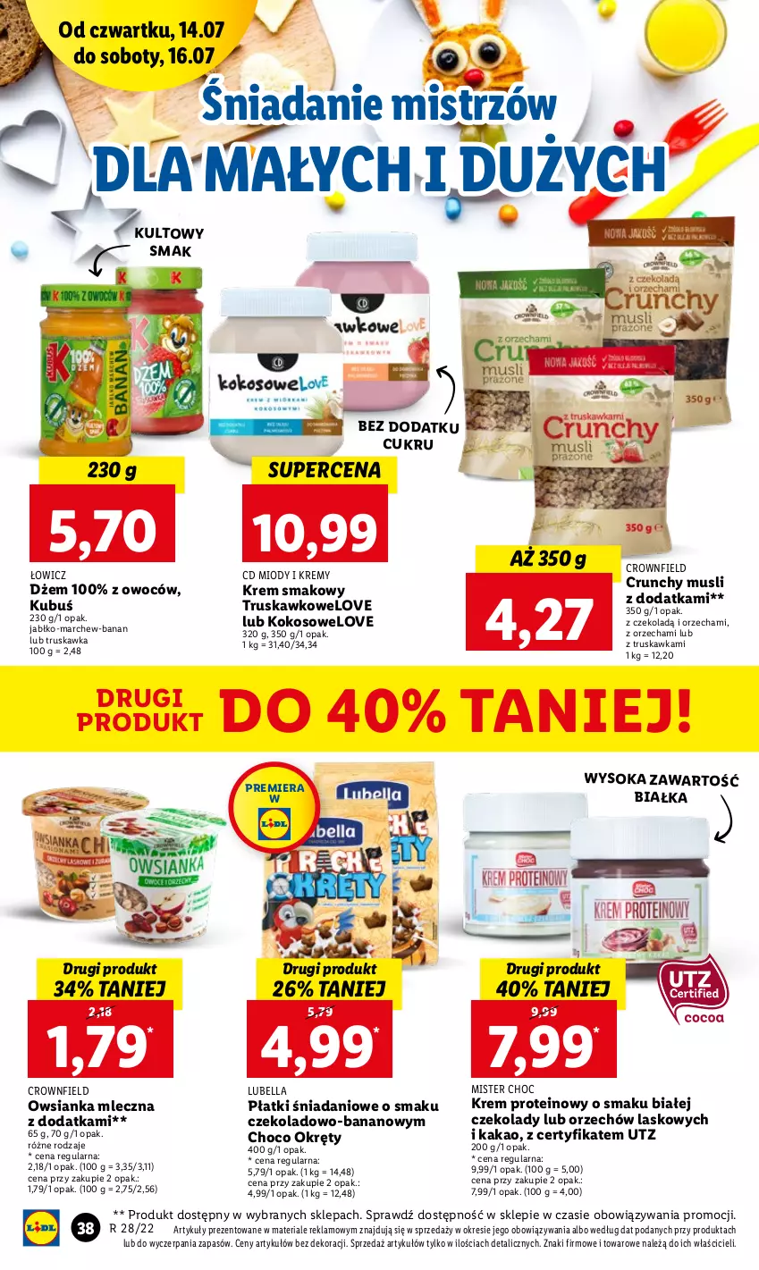 Gazetka promocyjna Lidl - GAZETKA - ważna 14.07 do 16.07.2022 - strona 38 - produkty: Bell, Bella, Danio, Dżem, Kakao, Kokos, Kubuś, Lubella, Mus, Owsianka, Sok