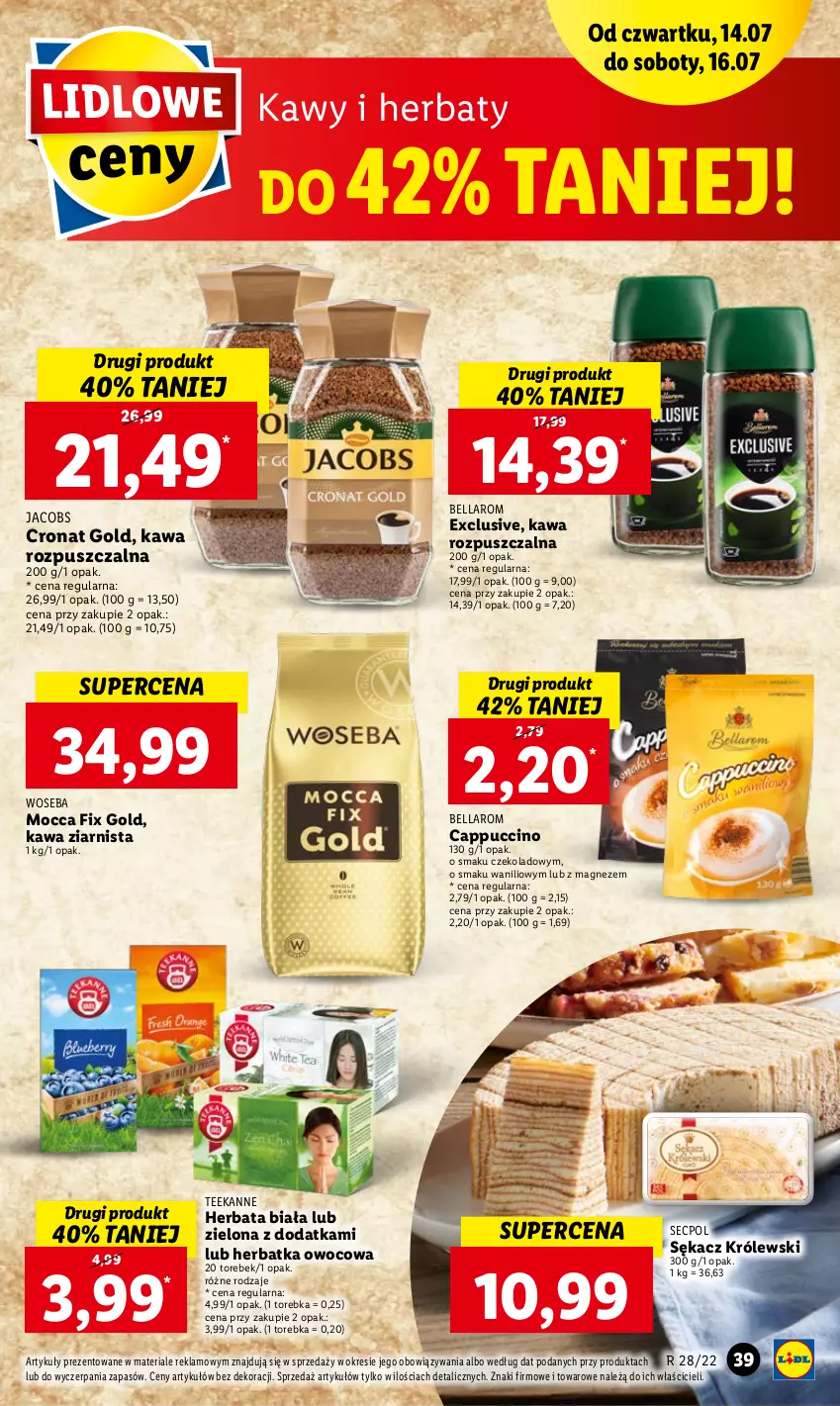 Gazetka promocyjna Lidl - GAZETKA - ważna 14.07 do 16.07.2022 - strona 39 - produkty: Bell, Bella, Cappuccino, Herbata, Jacobs, Kawa, Kawa rozpuszczalna, Kawa ziarnista, Królewski, Magnez, Mocca Fix Gold, Sękacz, Teekanne, Torebka, Woseba