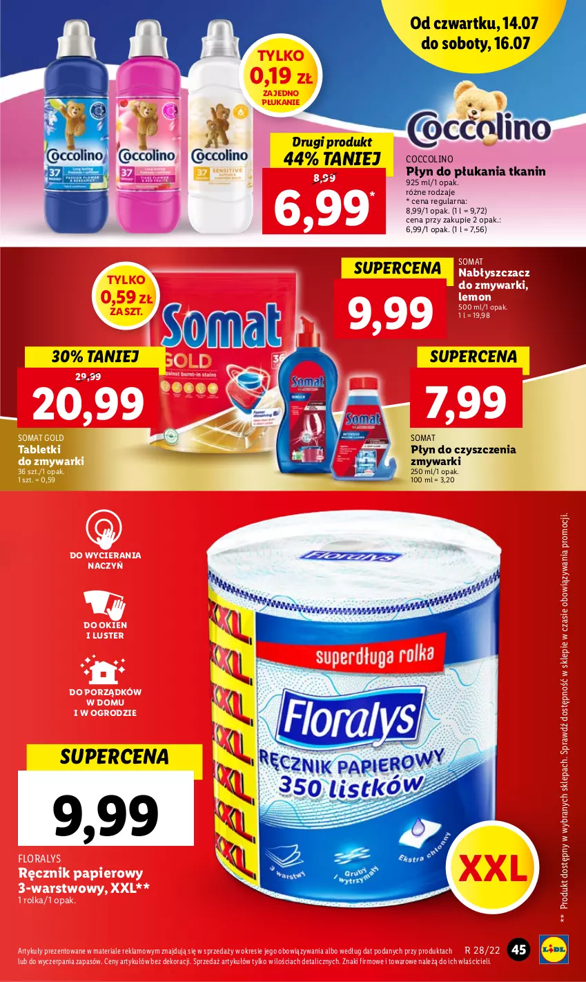 Gazetka promocyjna Lidl - GAZETKA - ważna 14.07 do 16.07.2022 - strona 45 - produkty: Coccolino, Flora, Papier, Płyn do płukania, Por, Ręcznik, Somat, Somat gold, Tablet, Tabletki do zmywarki, Zmywarki