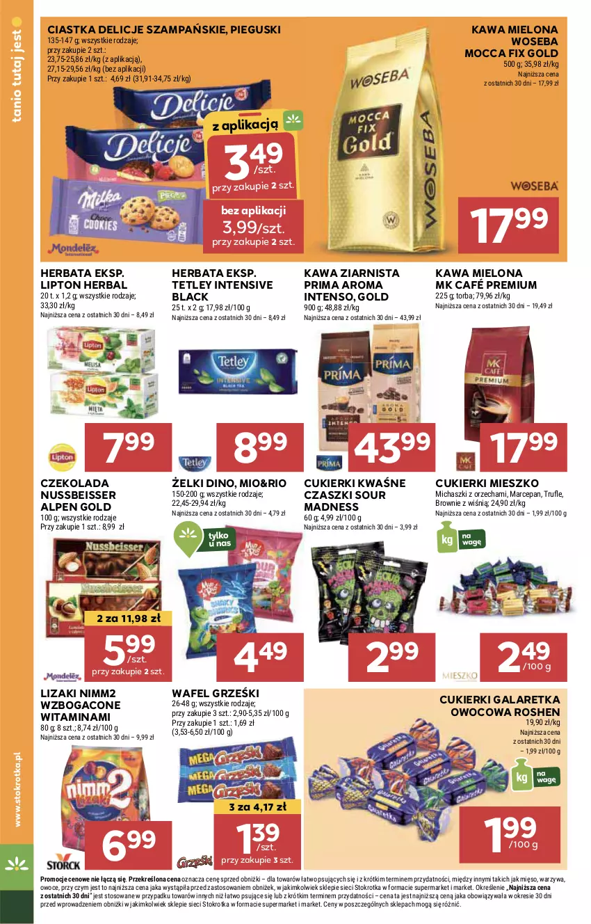 Gazetka promocyjna Stokrotka - Supermarket - ważna 11.07 do 17.07.2024 - strona 24 - produkty: Ciastka, Cukier, Cukierki, Czekolada, Delicje, Gala, Galaretka, Grześki, Herbata, HP, Kawa, Kawa mielona, Kawa ziarnista, Lack, Lipton, Lizaki, Mocca Fix Gold, Nimm2, Prima, Ser, Tetley, Woseba