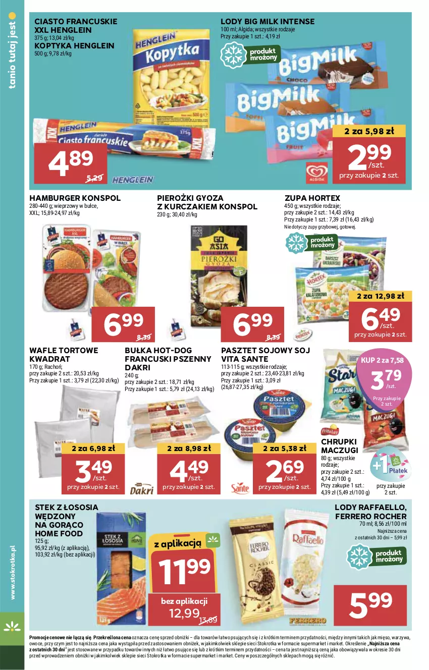 Gazetka promocyjna Stokrotka - Supermarket - ważna 11.07 do 17.07.2024 - strona 26 - produkty: Big Milk, Bułka, Burger, Chrupki, Ciasto francuskie, Fa, Ferrero, Ferrero Rocher, Hamburger, Hortex, HP, Kurczak, Lody, Pasztet, Raffaello, Sante, Sos, Stek, Wafle, Wafle tortowe, Zupa