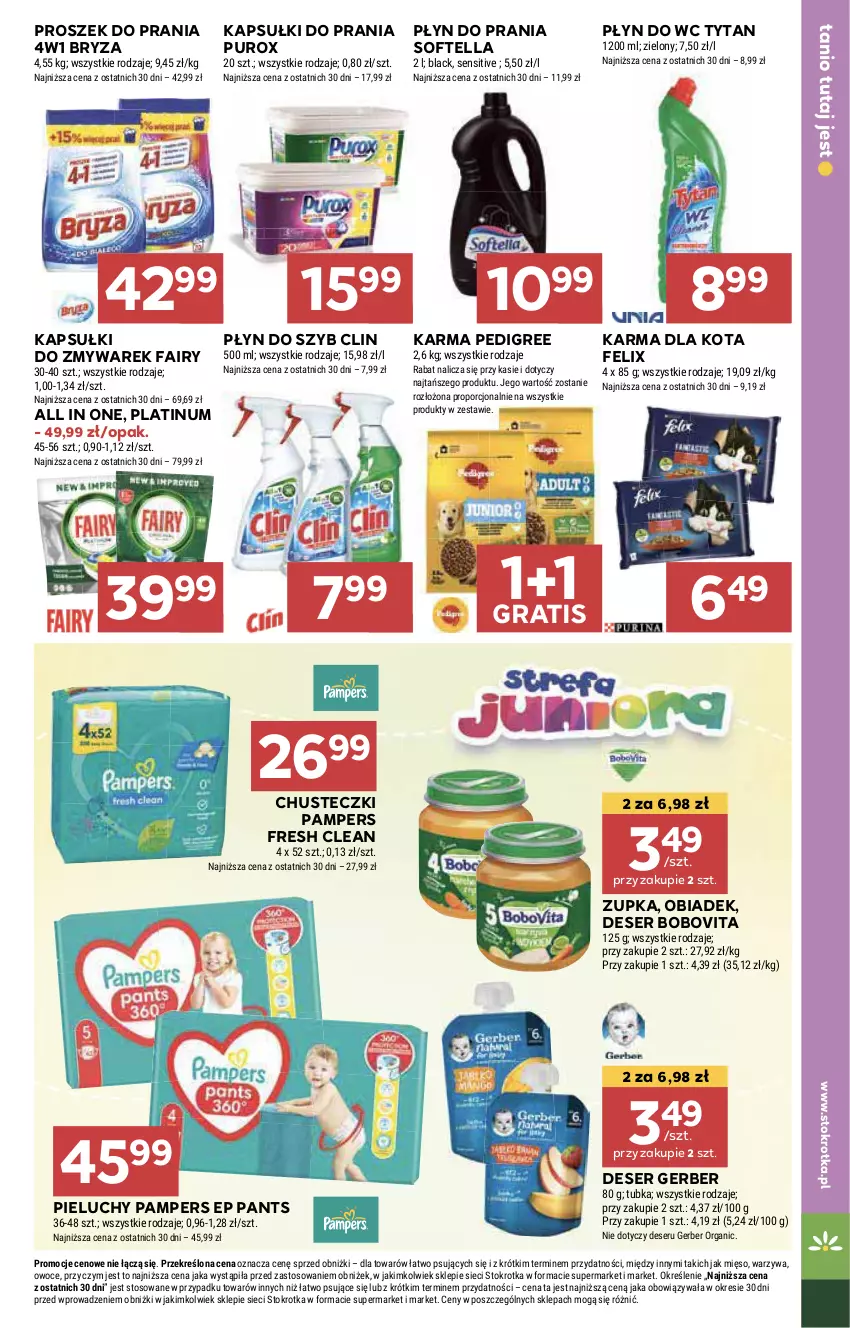 Gazetka promocyjna Stokrotka - Supermarket - ważna 11.07 do 17.07.2024 - strona 29 - produkty: BoboVita, Bryza, Chusteczki, Clin, Deser, Fa, Fairy, Felix, Gerber, Gra, HP, Kapsułki do prania, Pampers, Pedigree, Pieluchy, Płyn do prania, Płyn do szyb, Płyn do wc, Proszek do prania, Pur, Ser, Tytan