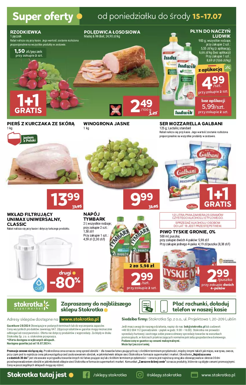 Gazetka promocyjna Stokrotka - Supermarket - ważna 11.07 do 17.07.2024 - strona 31 - produkty: Dres, Galbani, Gra, HP, JBL, Kurczak, Ludwik, Mozzarella, Napój, Piwa, Piwo, Polędwica, Rzodkiewka, Ser, Sos, Telefon, Tymbark, Tyskie, Wino, Winogrona, Wkład filtrujący