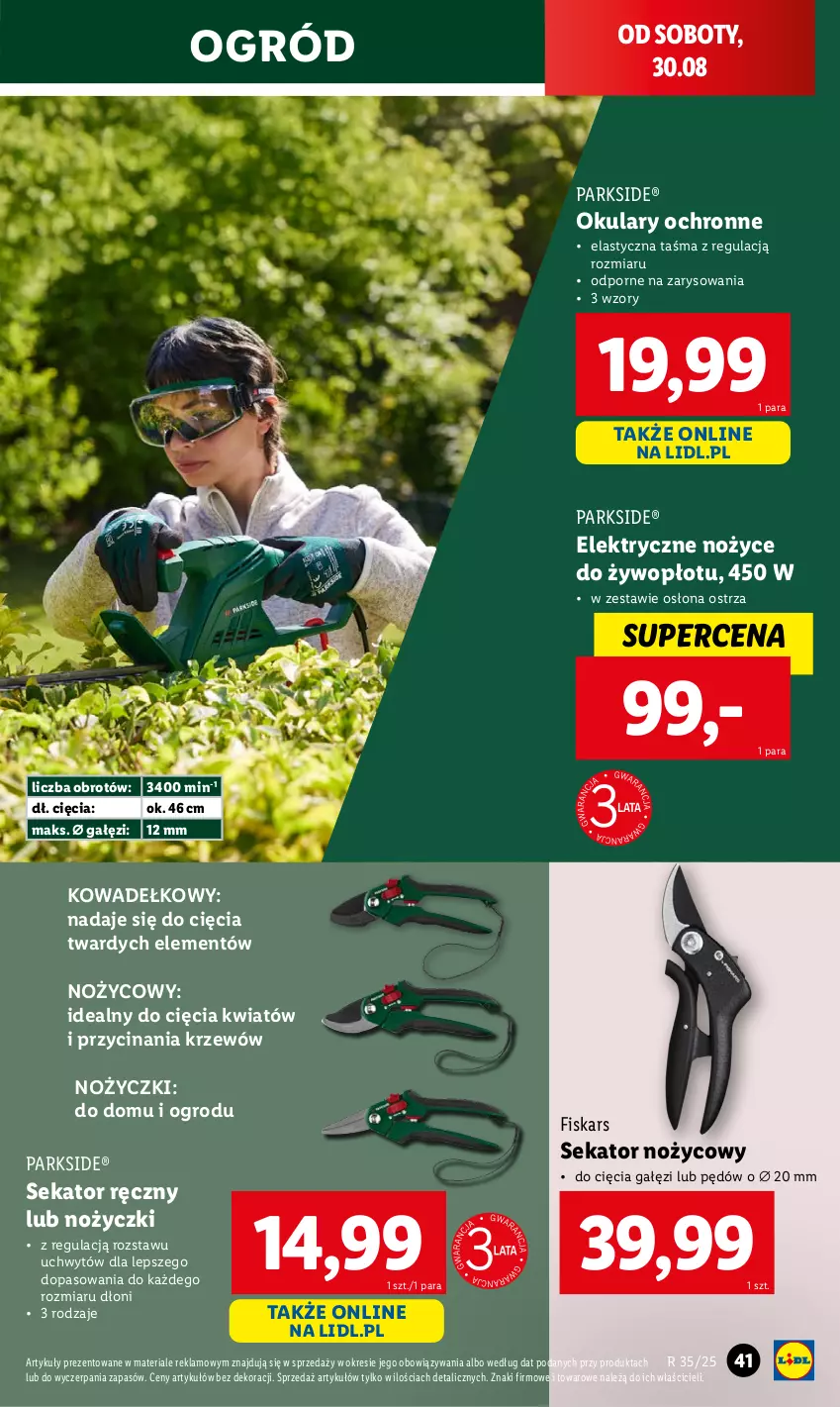 Gazetka promocyjna Lidl - GAZETKA - ważna 25.08 do 30.08.2025 - strona 41 - produkty: Fiskars, Noż, Nożyce, Nożyczki, Ogród, Okulary ochronne, Parkside, Por, Sekator