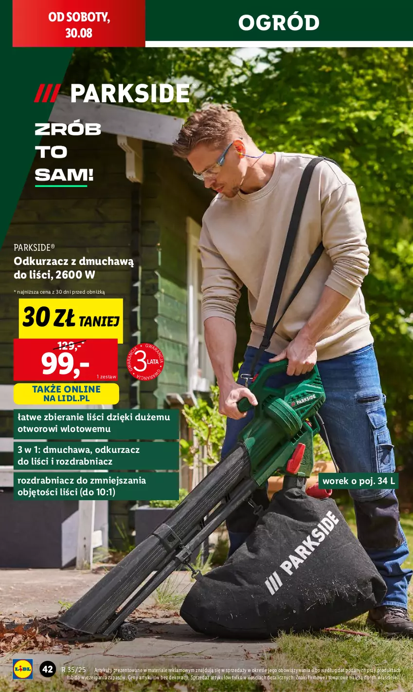 Gazetka promocyjna Lidl - GAZETKA - ważna 25.08 do 30.08.2025 - strona 42 - produkty: Odkurzacz, Odkurzacz do liści, Ogród, Parkside, Rozdrabniacz