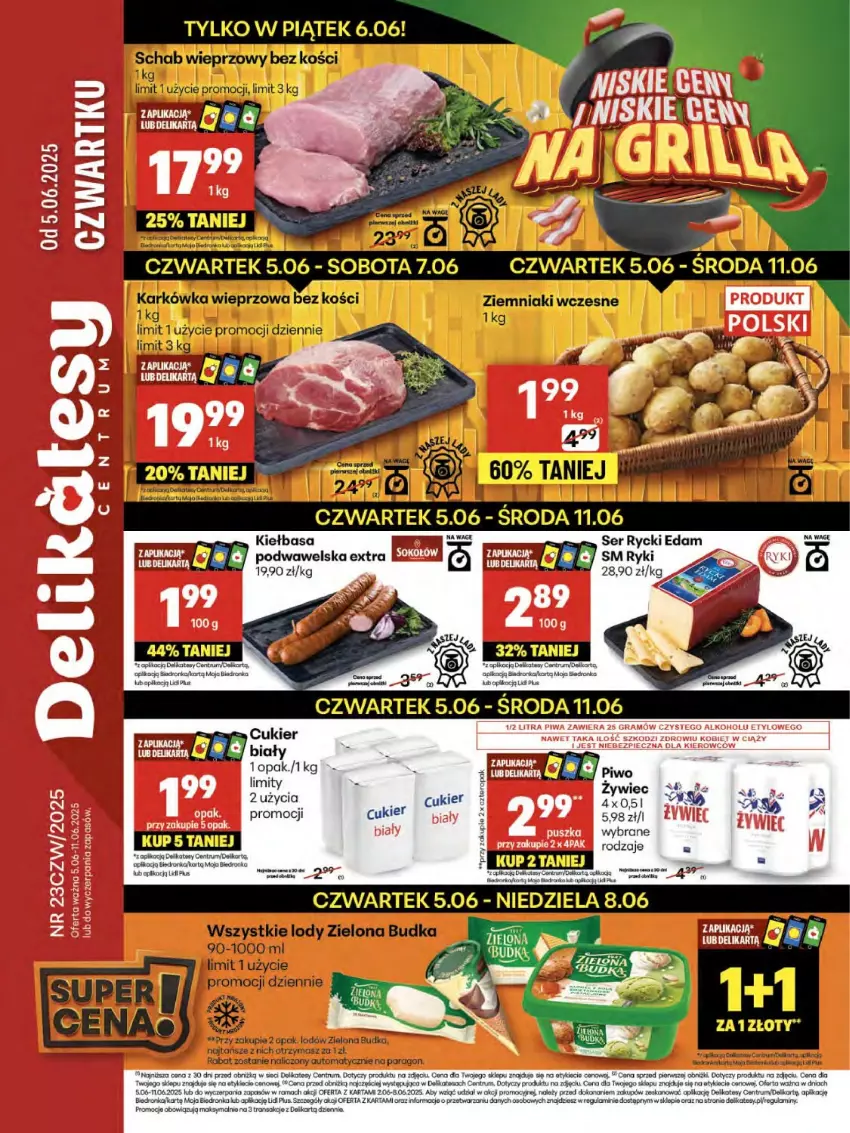 Gazetka promocyjna Delikatesy Centrum - Franczyza DC23 Czwartek - ważna 05.06 do 11.06.2025 - strona 1 - produkty: Cukier, Dron, Kiełbasa, Koc, LG, Orka, Piec, Piwo, Rama, Rum, Tran, Wawel