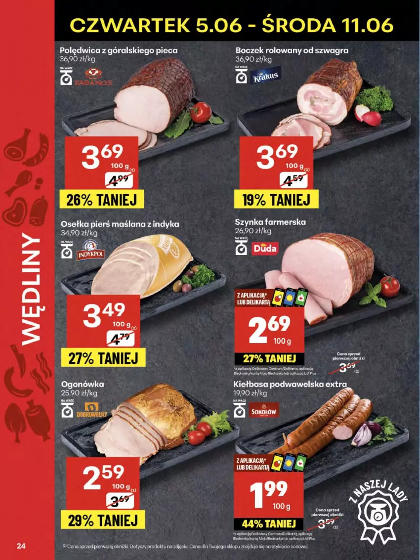 Gazetka promocyjna Delikatesy Centrum - Franczyza DC23 Czwartek - ważna 05.06 do 11.06.2025 - strona 24 - produkty: BIC, Boczek, Fa, Gra, Kiełbasa, Kiełbasa podwawelska, LANA, Ogonówka, Piec, Polędwica, Szynka, Szynka farmerska, Wawel
