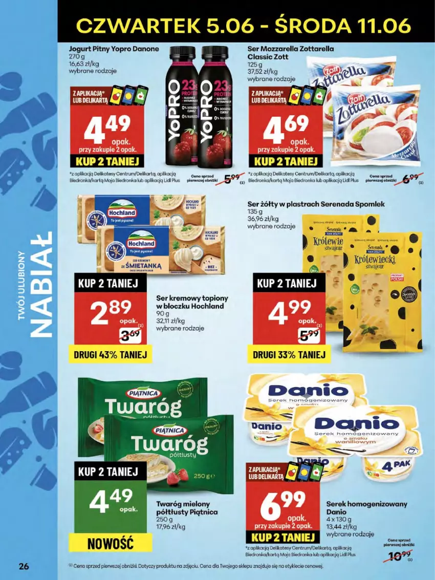 Gazetka promocyjna Delikatesy Centrum - Franczyza DC23 Czwartek - ważna 05.06 do 11.06.2025 - strona 26 - produkty: Danio, Danone, Dron, Hochland, Jogurt, Jogurt pitny, Mozzarella, Piątnica, Rum, Ser, Serek, Serek homogenizowany, Top, Twaróg, Zott, Zottarella