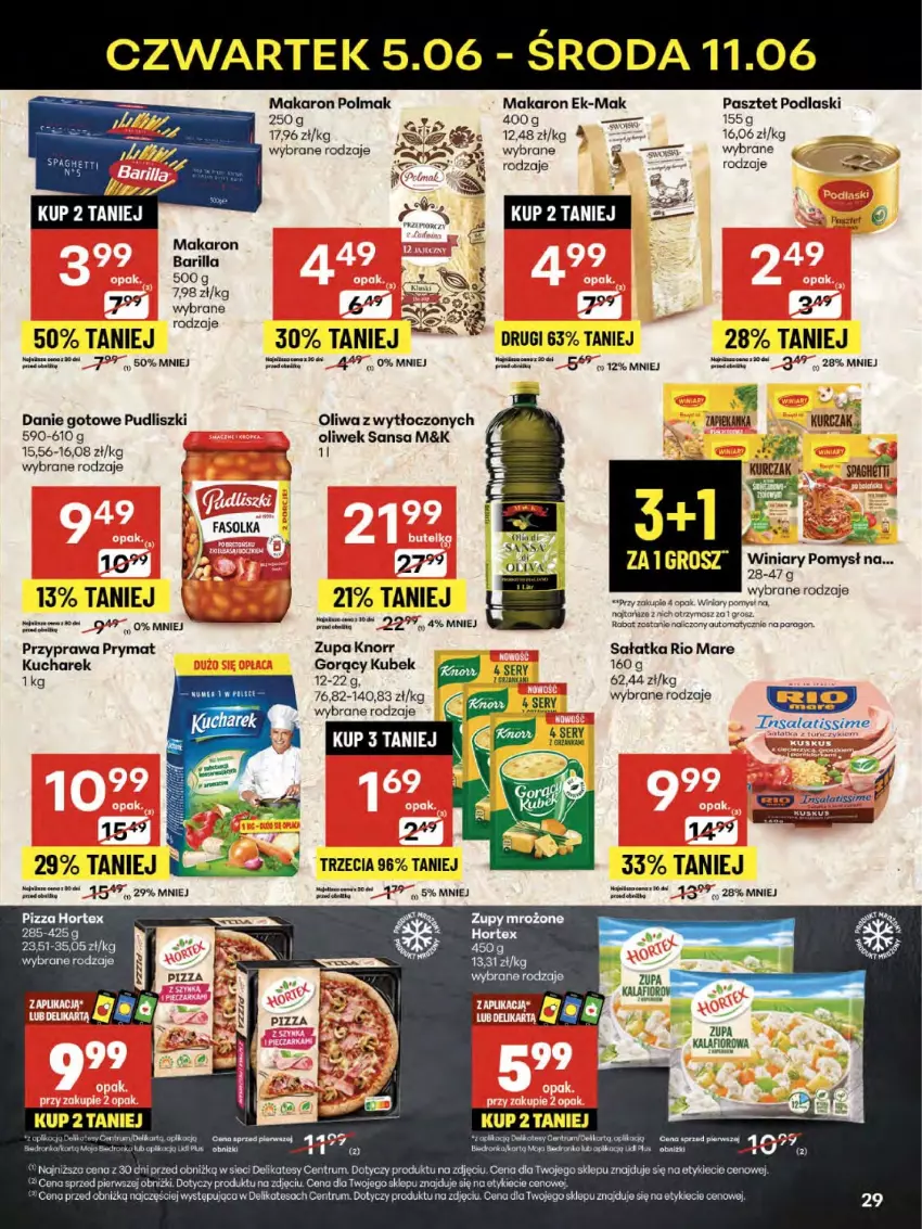 Gazetka promocyjna Delikatesy Centrum - Franczyza DC23 Czwartek - ważna 05.06 do 11.06.2025 - strona 29 - produkty: Barilla, Danie gotowe, Dron, Gala, Gra, Hortex, Knorr, Koc, Kubek, Kucharek, Kurczak, Makaron, Olma, Orka, Pasztet, Podlaski, Prymat, Pudliszki, Rio Mare, Rum, Sałat, Sałatka, Ser, Winiary, Zapiekanka, Zupa
