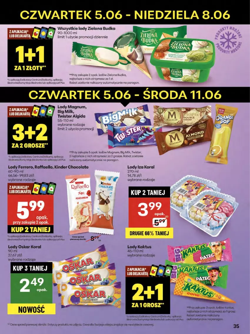 Gazetka promocyjna Delikatesy Centrum - Franczyza DC23 Czwartek - ważna 05.06 do 11.06.2025 - strona 35 - produkty: Algida, Big Milk, Dron, Fa, Ferrero, Kaktus, Kinder, LG, Lody, Raffaello, Rum, Zielona Budka