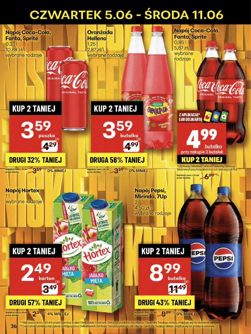 Gazetka promocyjna Delikatesy Centrum - Franczyza DC23 Czwartek - ważna 05.06 do 11.06.2025 - strona 36 - produkty: 7up, Coca-Cola, Dron, Fa, Fanta, Gin, Mirinda, Napój, Pepsi, Por, Rum, Sprite