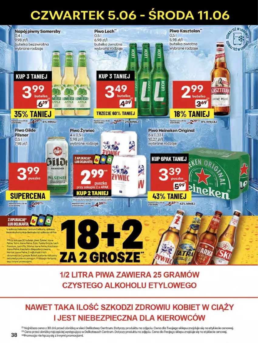 Gazetka promocyjna Delikatesy Centrum - Franczyza DC23 Czwartek - ważna 05.06 do 11.06.2025 - strona 38 - produkty: Dron, Gin, Gra, Heineken, Kasztelan, Koc, Orka, Piec, Piwa, Piwo, Rum, Somersby, Tatra, Tyskie, Warka