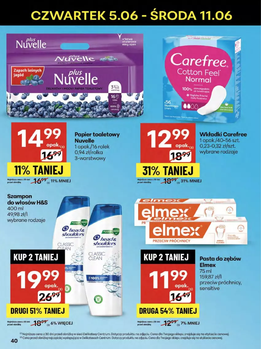 Gazetka promocyjna Delikatesy Centrum - Franczyza DC23 Czwartek - ważna 05.06 do 11.06.2025 - strona 40 - produkty: Carefree, Elmex, Fa, Papier, Papier toaletowy, Pasta do zębów, Rum, Szampon, Wkładki