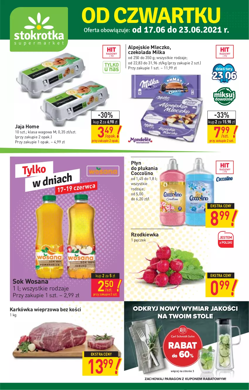 Gazetka promocyjna Stokrotka - Supermarket - ważna 17.06 do 23.06.2021 - strona 1 - produkty: Coccolino, Czekolada, Gin, Jaja, Karkówka wieprzowa, Milka, Mleczko, Płyn do płukania, Rzodkiewka, Sok, Wosana