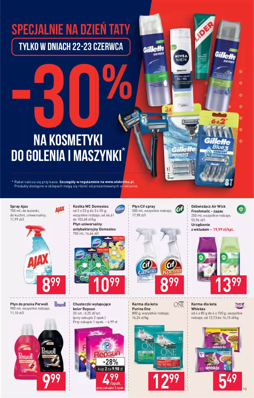 Gazetka promocyjna Stokrotka - Supermarket - ważna 17.06 do 23.06.2021 - strona 13 - produkty: Air Wick, Ajax, Chusteczki, Cif, Domestos, Perwoll, Płyn do prania, Pur, Purina, Whiskas