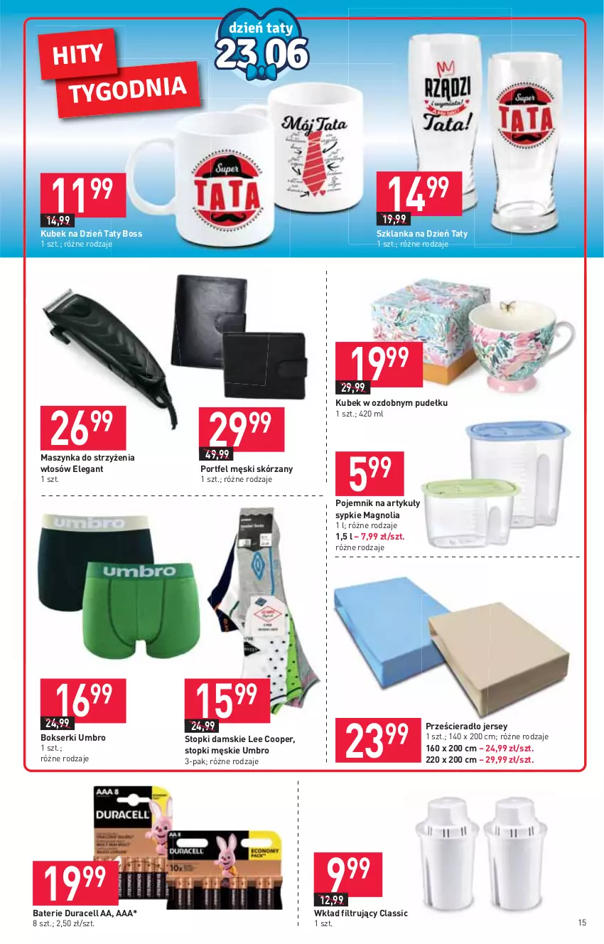 Gazetka promocyjna Stokrotka - Supermarket - ważna 17.06 do 23.06.2021 - strona 15 - produkty: Bokserki, Duracell, Kubek, Maszynka, Pojemnik, Por, Prześcieradło, Ser, Szklanka, Szynka, Top, Wkład filtrujący
