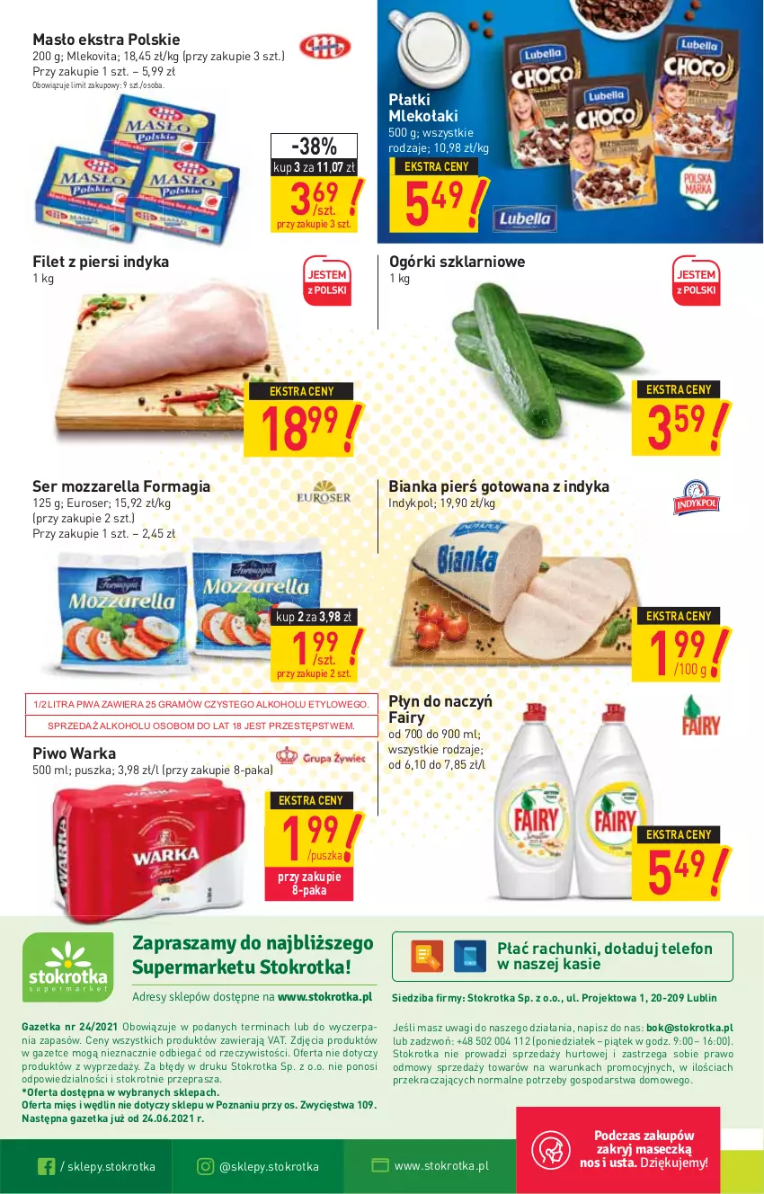 Gazetka promocyjna Stokrotka - Supermarket - ważna 17.06 do 23.06.2021 - strona 16 - produkty: Bianka, Fa, Fairy, Filet z piersi indyka, Gra, Masło, Mleko, Mlekovita, Mozzarella, O nas, Piwa, Piwo, Ser, Telefon, Wagi, Warka