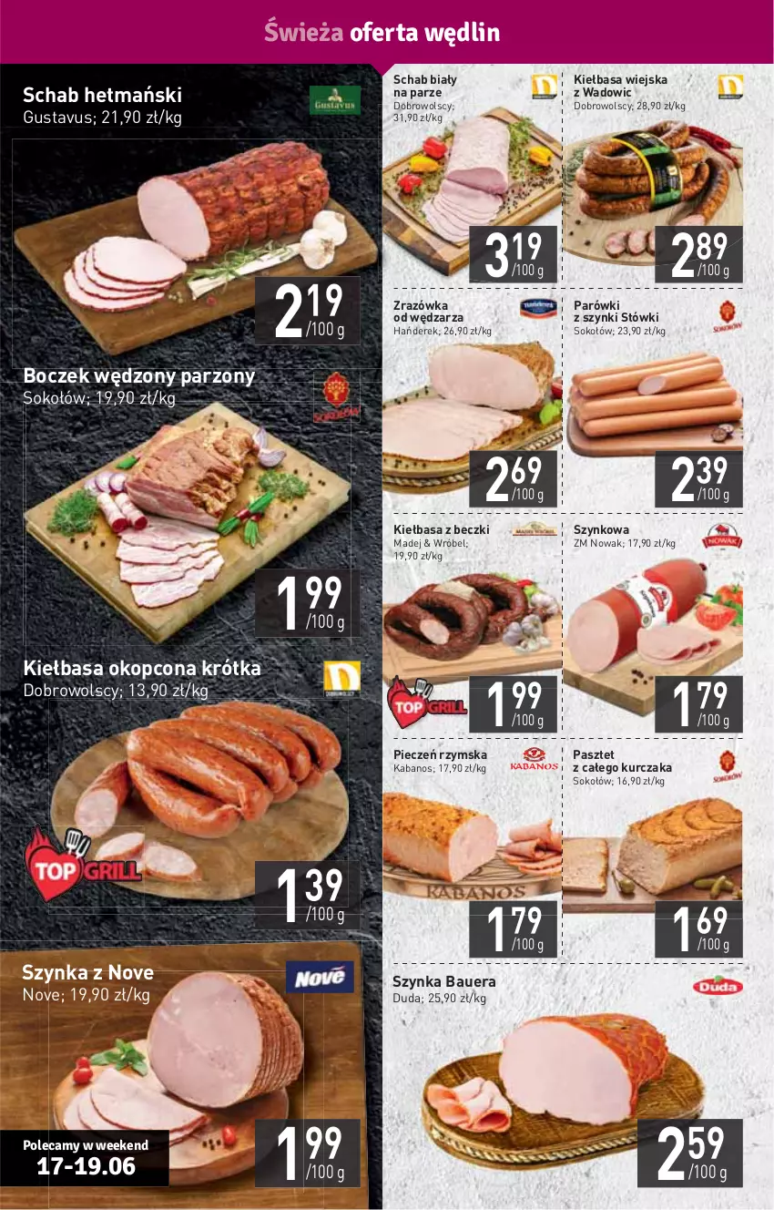 Gazetka promocyjna Stokrotka - Supermarket - ważna 17.06 do 23.06.2021 - strona 4 - produkty: Boczek, Duda, HP, Kabanos, Kiełbasa, Kiełbasa wiejska, Kurczak, NOWAK, Parówki, Parówki z szynki, Pasztet, Piec, Pieczeń rzymska, Sok, Sokołów, Szynka