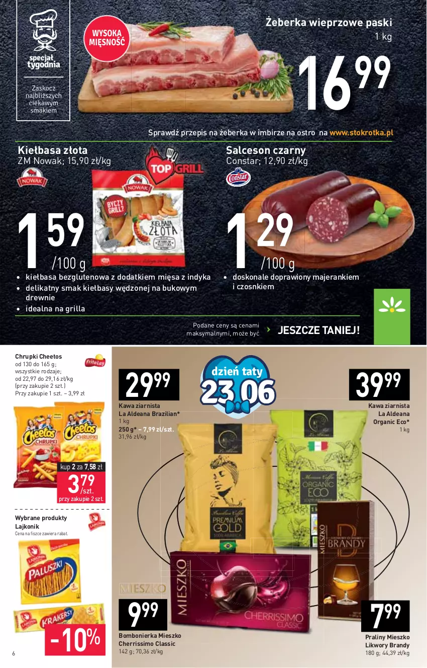 Gazetka promocyjna Stokrotka - Supermarket - ważna 17.06 do 23.06.2021 - strona 6 - produkty: Brandy, Cheetos, Chrupki, Grill, Imbir, Kawa, Kawa ziarnista, Kiełbasa, Lajkonik, NOWAK, Praliny, Salceson