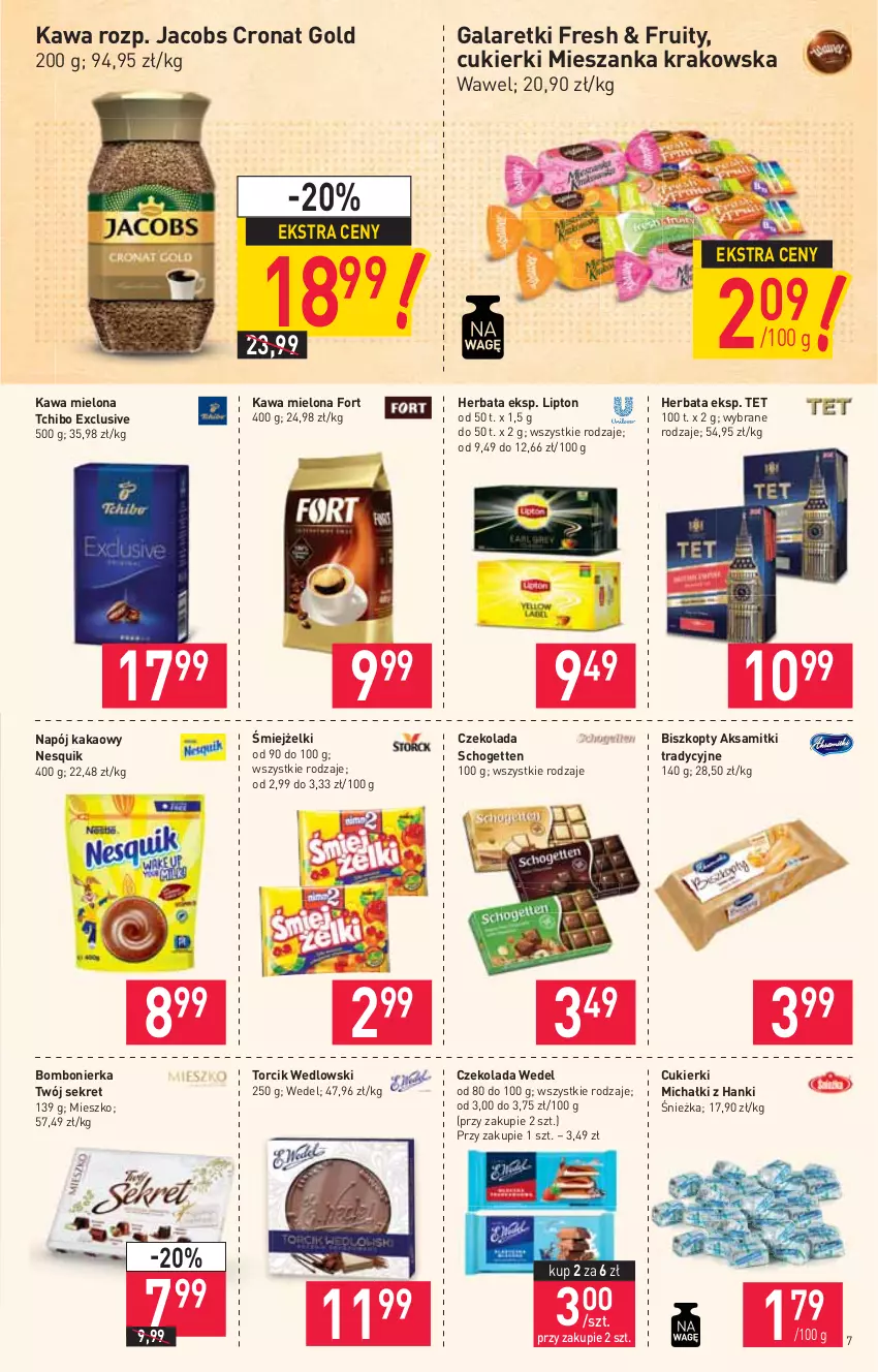 Gazetka promocyjna Stokrotka - Supermarket - ważna 17.06 do 23.06.2021 - strona 7 - produkty: Aksam, Biszkopty, Cukier, Cukierki, Czekolada, Gala, Galaretki, Herbata, Jacobs, Kakao, Kawa, Kawa mielona, Kret, Lipton, Michałki, Napój, Nesquik, Schogetten, Tchibo, Wawel