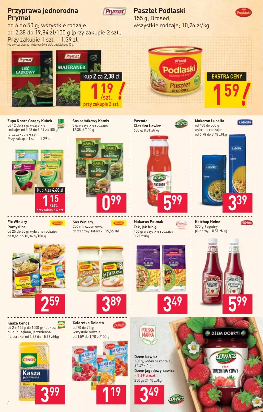 Gazetka promocyjna Stokrotka - Supermarket - ważna 17.06 do 23.06.2021 - strona 8 - produkty: Bell, Bella, Bulgur, Cenos, Chrzan, Delecta, Dżem, Gala, Galaretka, Heinz, Kamis, Kasza, Ketchup, Knorr, Kubek, Kuskus, LANA, LG, Lubella, Makaron, Olma, Pasztet, Pieprz, Podlaski, Prymat, Sałat, Sos, Winiary, Zupa