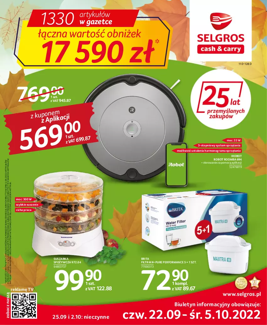 Gazetka promocyjna Selgros - Oferta przemysłowa - ważna 22.09 do 05.10.2022 - strona 1 - produkty: Brit, Brita, Gra, IRobot, LG, Pur, Robot, Roomba, Suszarka, Top