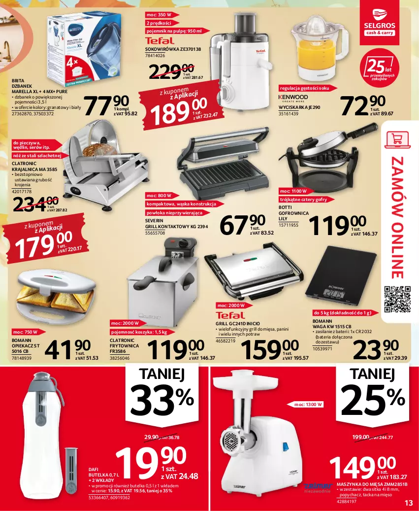 Gazetka promocyjna Selgros - Oferta przemysłowa - ważna 22.09 do 05.10.2022 - strona 13 - produkty: Bateria, Brit, Brita, Dzbanek, Gofrownica, Gofry, Gra, Granat, Grill, Grill kontaktowy, Kosz, Maszynka, Mięso, Piec, Pojemnik, Pur, Ser, Silan, Sok, Szynka, Top, Waga, Wyciskarka