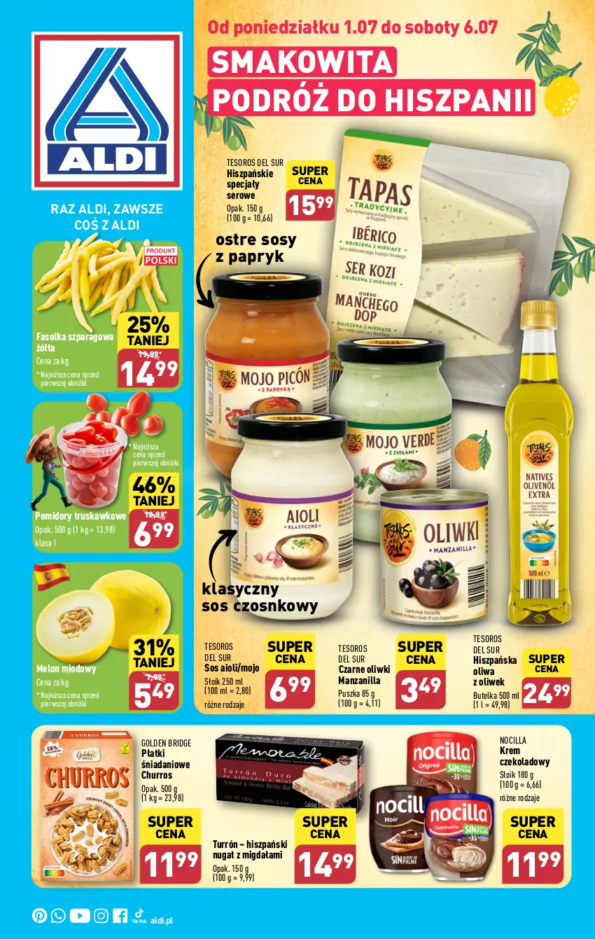 Gazetka promocyjna Aldi - Smakowita podróż do Hiszpanii - ważna 01.07 do 06.07.2024 - strona 1 - produkty: Danio, Fa, Melon, Oliwa z oliwek, Oliwki, Pomidory, Ser, Smakowita, Sos, Sos czosnkowy