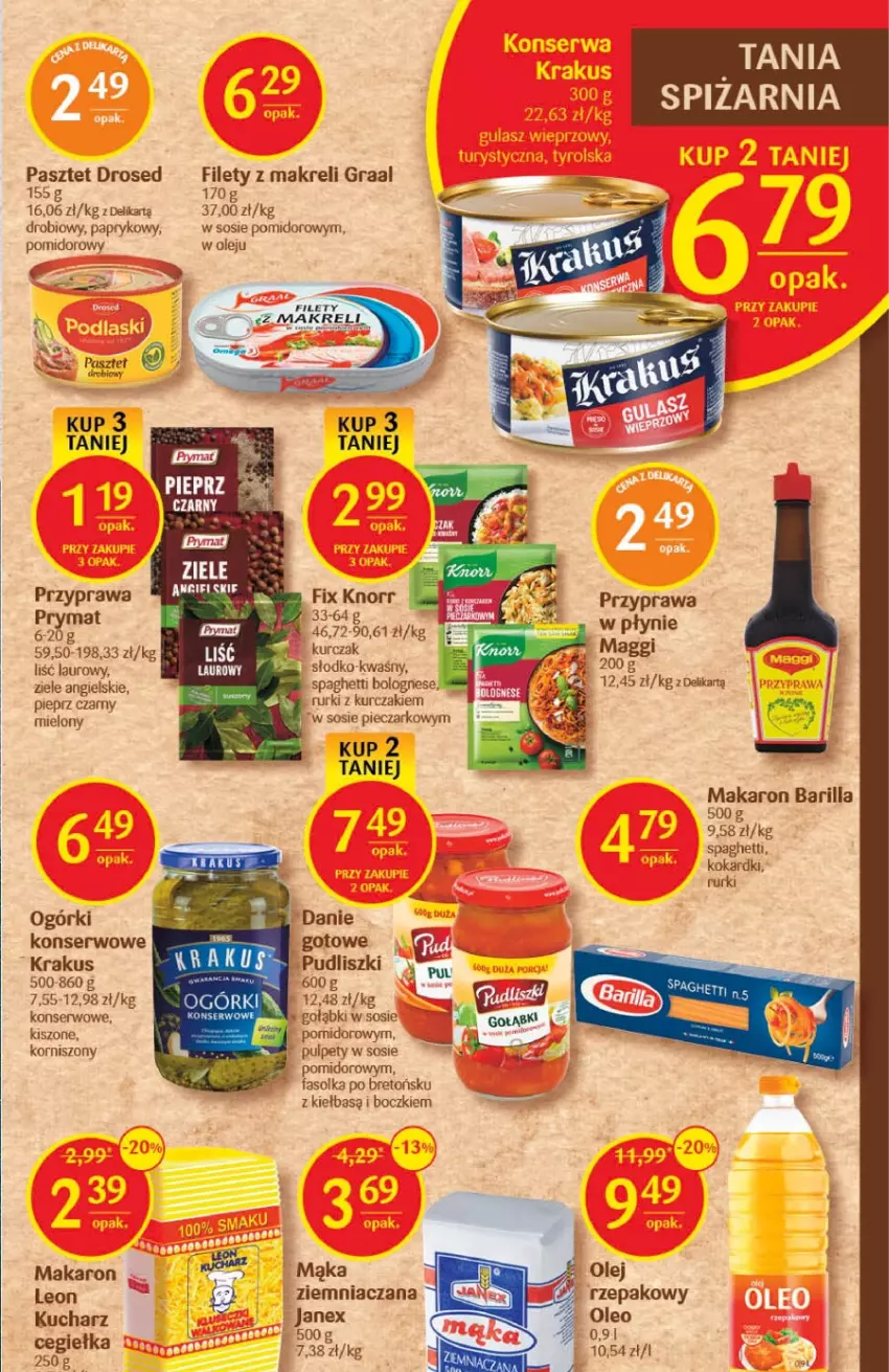 Gazetka promocyjna Delikatesy Centrum - Gazetka DC45 - ważna 17.11 do 23.11.2022 - strona 21 - produkty: Barilla, Fa, Gra, Graal, Knorr, Korniszony, Krakus, Kurczak, Laur, Leon, Maggi, Mąka, Makaron, Olej, Piec, Pieprz, Pudliszki, Pulpety, Rurki, Ser, Sos, Spaghetti, Ziele angielskie