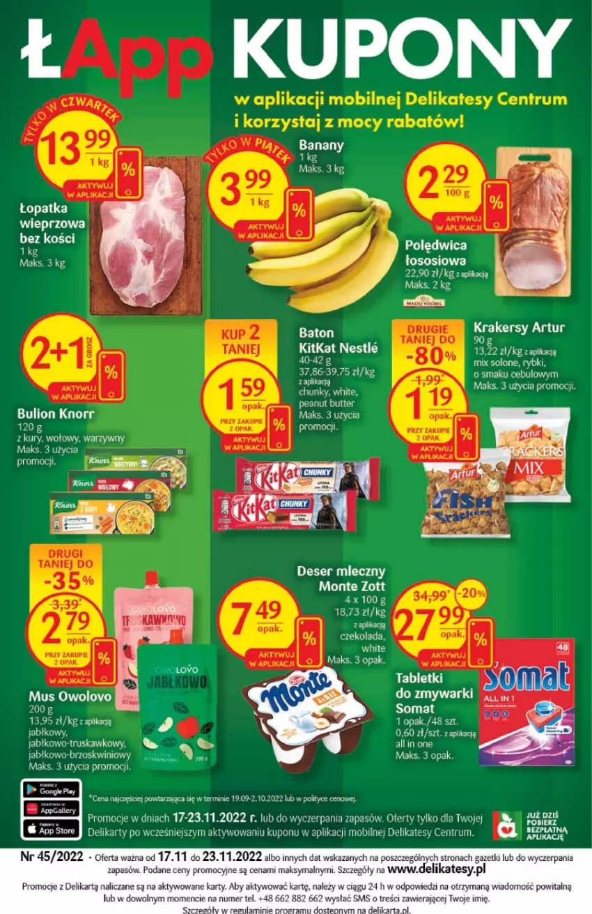 Gazetka promocyjna Delikatesy Centrum - Gazetka DC45 - ważna 17.11 do 23.11.2022 - strona 28 - produkty: Banany, Bulion, Czekolada, Knorr, Lion, Mobil, Monte, Mus, Polędwica, Rum, Somat, Sos, Zmywarki, Zott