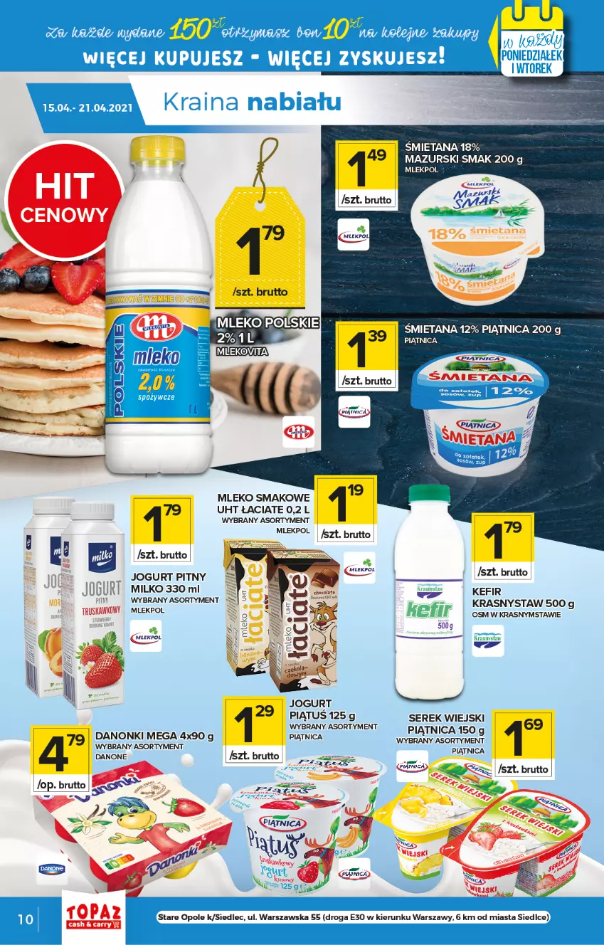 Gazetka promocyjna Topaz - Gazetka - ważna 15.04 do 21.04.2021 - strona 10 - produkty: Danone, Fa, Jogurt, Koc, Mleko, Mleko smakowe, Piątnica, Ser, Serek, Serek wiejski