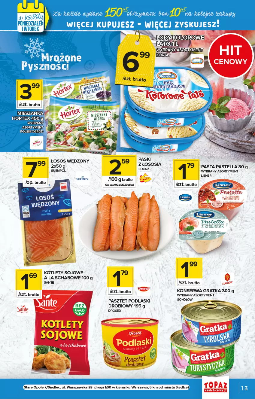 Gazetka promocyjna Topaz - Gazetka - ważna 15.04 do 21.04.2021 - strona 13 - produkty: Gra, Kotlet, Lisner, Pastella, Pasztet, Podlaski, Sante, Ser, Sok, Sokołów, Suempol