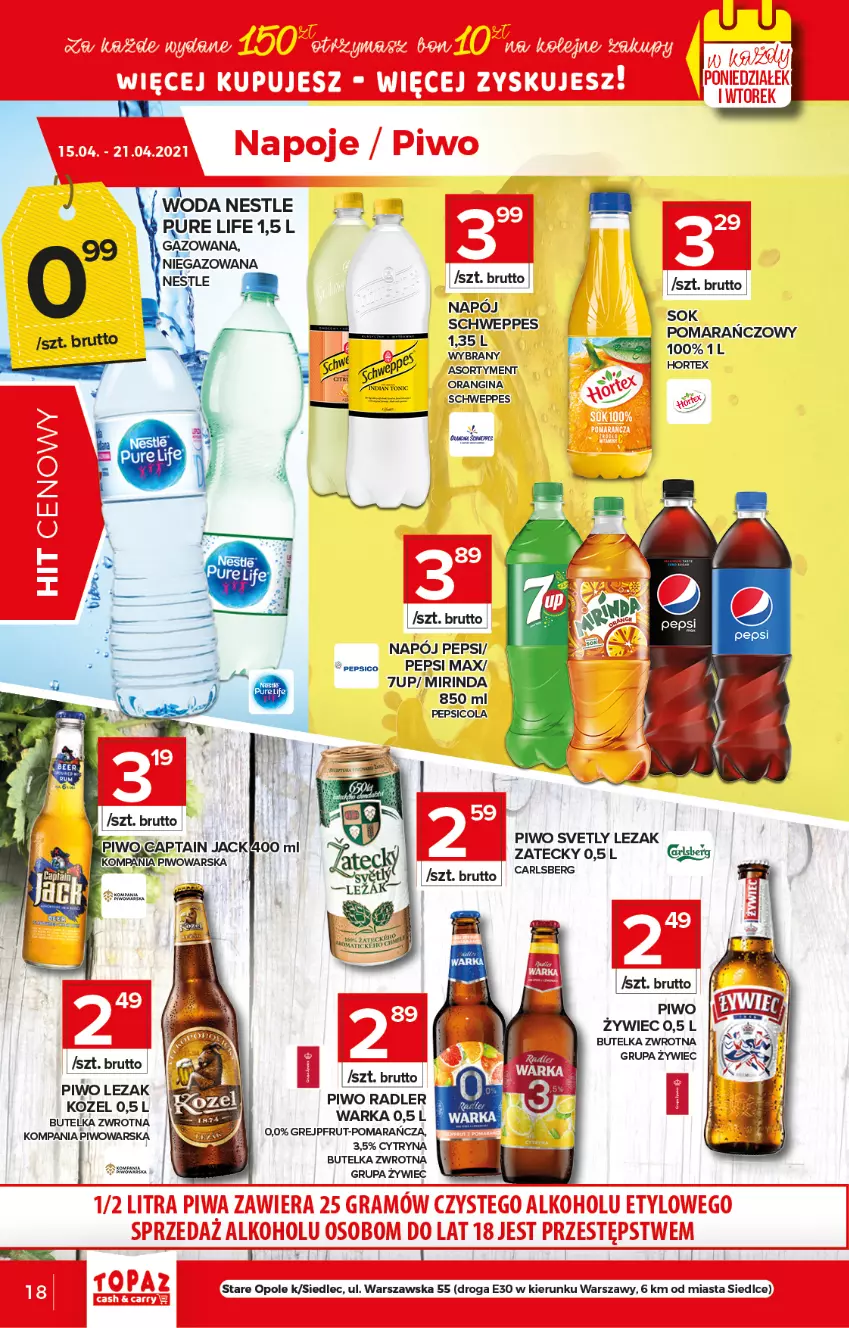 Gazetka promocyjna Topaz - Gazetka - ważna 15.04 do 21.04.2021 - strona 18 - produkty: 7up, Gin, Grejpfrut, Hortex, Kaki, LG, Mirinda, Napój, Pepsi, Pepsi max, Piwo, Pur, Radler, Schweppes, Warka, Woda