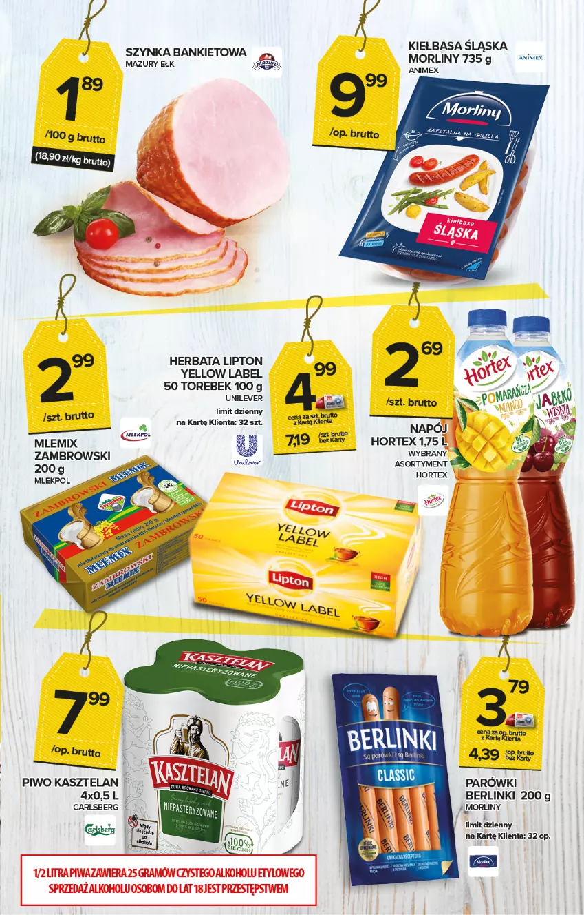 Gazetka promocyjna Topaz - Gazetka - ważna 15.04 do 21.04.2021 - strona 3 - produkty: Berlinki, Carlsberg, Gra, Grill, Herbata, Hortex, Kasztelan, Kiełbasa, Kiełbasa śląska, Lipton, Morliny, Parówki, Piwa, Piwo, Szynka