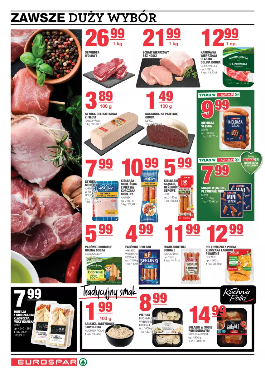 Gazetka promocyjna Spar - EuroSpar - ważna 02.06 do 12.06.2024 - strona 4 - produkty: Beko, Berlinki, Frankfurterki, Kasza, Kaszanka, Kiełbasa, Kiełbasa śląska, Kuchnia, Kurczak, Morliny, Obrus, Parówki, Pierogi, Sałat, Sałatka, Schab wieprzowy, Ser, Sos, Szponder wołowy, Szynka, Szynka delikatesowa, Tortilla