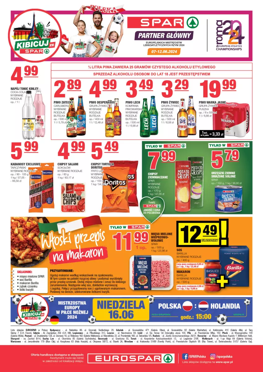 Gazetka promocyjna Spar - EuroSpar - ważna 02.06 do 12.06.2024 - strona 8 - produkty: Barilla, Bazyl, Carlsberg, Chipsy, Coca-Cola, Czosnek, Desperados, Dzieci, Fa, Gra, Kabanos, Kosz, Makaron, Mięso, Mięso mielone, Napój, Noż, Orzeszki, Piwo, Rum, Salami, Sok, Sokołów, Sos, Tarczyński, Tonik, Tortilla, Warka