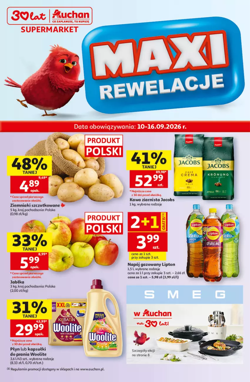 Gazetka promocyjna Auchan - Gazetka 30 Lat Supermarket Auchan - ważna 10.09 do 16.09.2026 - strona 1 - produkty: Jacobs, Kapsułki do prania, Kawa, Kawa ziarnista, Lipton, Napój, Napój gazowany, Woolite, Ziemniaki