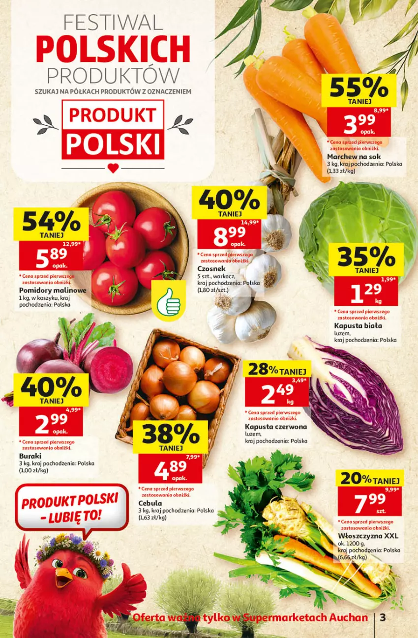 Gazetka promocyjna Auchan - Gazetka 30 Lat Supermarket Auchan - ważna 10.09 do 16.09.2026 - strona 3 - produkty: Buraki, Cebula, Czosnek, Koc, Kosz, Półka, Pomidory, Sok