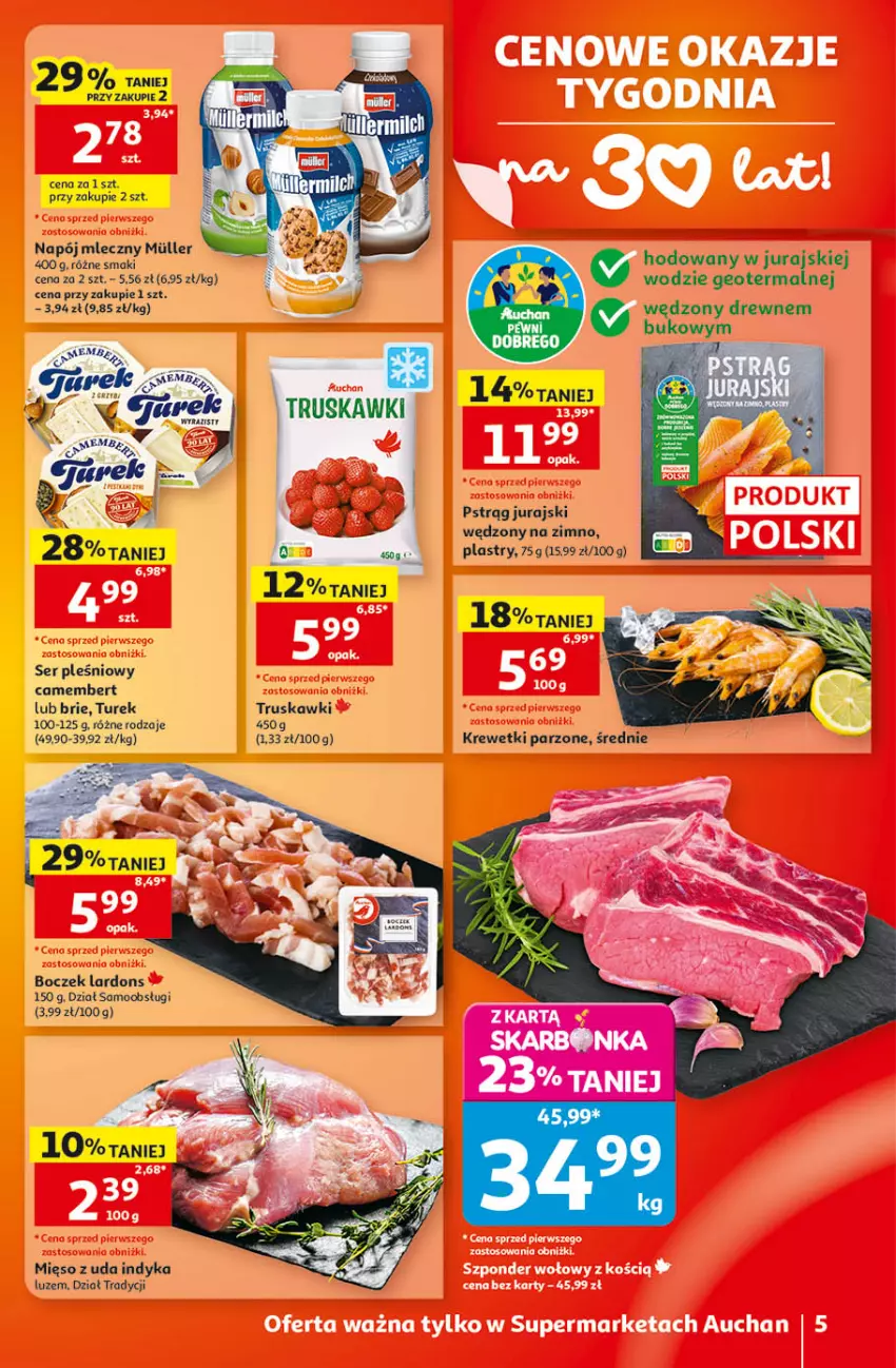 Gazetka promocyjna Auchan - Gazetka 30 Lat Supermarket Auchan - ważna 10.09 do 16.09.2026 - strona 5 - produkty: Boczek, Brie, Camembert, Krewetki, Mięso, Napój, Napój mleczny, Pstrąg, Ser, Ser pleśniowy, Truskawki